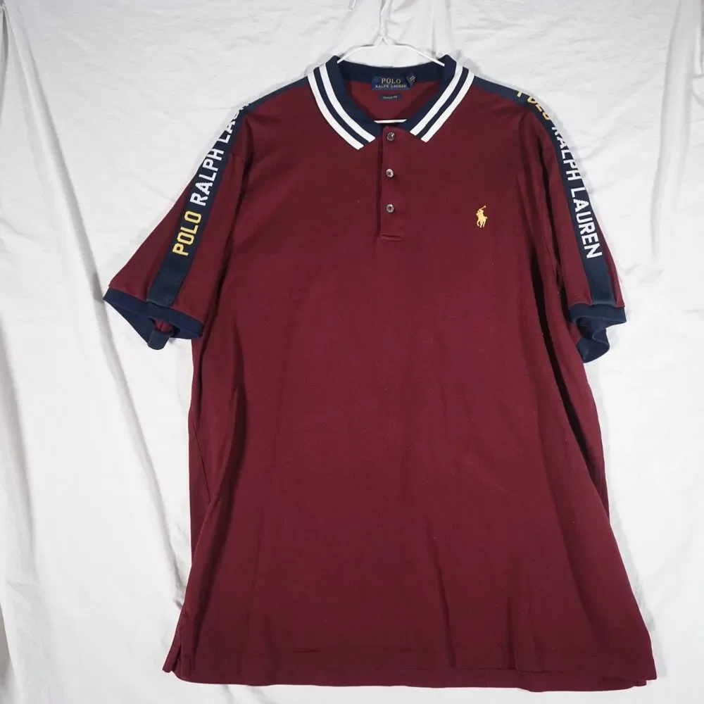Polo Ralph Lauren Polo Shirt Maroon Black Yellow Spellout Logo Men's XL